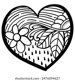 Corazón de contorno con patrones de fantasía, página para colorear con Ilustración vectorial, rayas y gotas