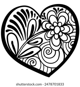 Corazón de contorno con patrones de fantasía, página para colorear con Ilustración vectorial, espirales y remolinos