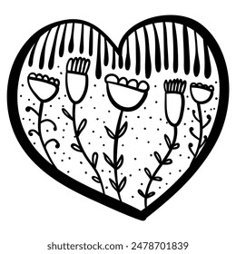 Outline heart with fantasy patterns, coloring page with a row of doodle flowers vector illustration