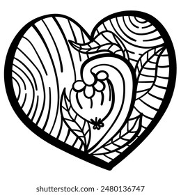 Outline heart with fantasy patterns, coloring page with flower and circles vector illustration