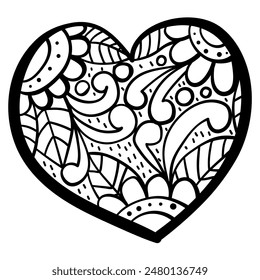 Outline heart with fantasy patterns, coloring page with flowers and swirls vector illustration