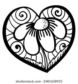 Outline heart with fantasy patterns, coloring page with daisy and spirals vector illustration