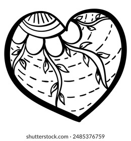 Outline heart with fantasy patterns, coloring page with flower and vines vector illustration