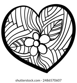 Outline heart with fantasy patterns, coloring page with simple flower and leaves vector illustration