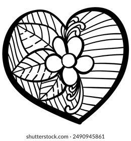 Outline heart with fantasy patterns, coloring page with a flower and a bunch of leaves vector illustration