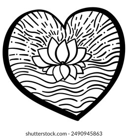 Outline heart with fantasy patterns, coloring page with lotus and wavy lines vector illustration