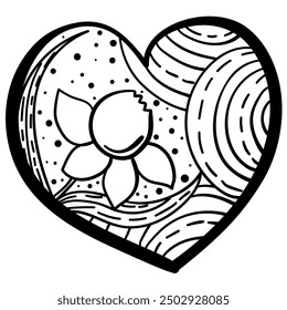 Outline heart with fantasy patterns, coloring page with daffodil and circles vector illustration