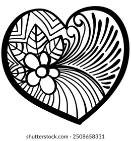 Umriss Herz mit Fantasy-Muster, Malvorlage mit Blume, Blumenstrauß und Wirbel, Vektorgrafik