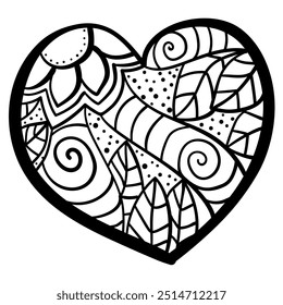 Outline heart with fantasy patterns, coloring page with flowers and striped spirals vector illustration