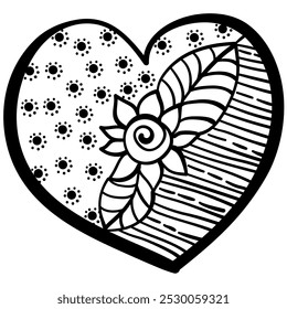 Outline heart with fantasy patterns, coloring page with flower, spots and stripes vector illustration