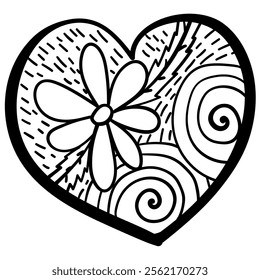 Outline heart with fantasy patterns, coloring page with daisy, spirals and shading vector illustration