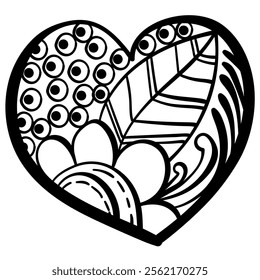 Outline heart with fantasy patterns, coloring page with flower and seeds vector illustration