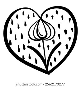 Outline heart with fantasy patterns, coloring page with a flower under raindrops vector illustration