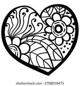 Outline heart with fantasy patterns, coloring page with flowers with fantasy petals vector illustration