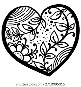 Corazón de contorno con patrones de fantasía, página para colorear con Ilustración vectorial de flores y vides
