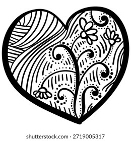 Corazón de contorno con patrones de fantasía, página para colorear con una ramita de flores Ilustración vectorial