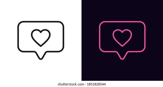 Outline heart icon with editable stroke. Linear heart sign with message bubble. Notification in social media, liked content, promotion. Vector icon, sign, symbol for UI and Animation