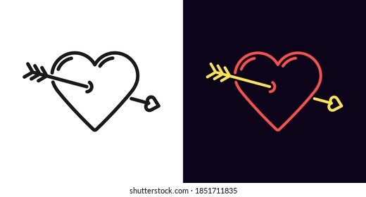 Outline heart icon. Linear heart sign with cupid arrow, heart shape with editable stroke. Romantic silhouette, love target, passion. Vector icon, sign, symbol for UI and Animation