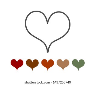 Outline heart icon set and various colorful hearts on white background. Vector love symbol for Valentine's Day.