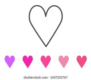 Outline heart icon set and various colorful hearts on white background. Vector love symbol for Valentine's Day.