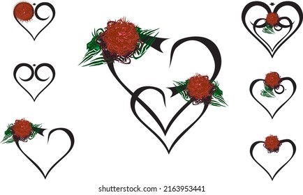 Outline heart icons with grunge rose elements on white. Abstract laconic symbols of love for holidays, events, textiles, fabrics, prints, web icons, weddings, stickers, gifts, wallpaper, etc. Vector 