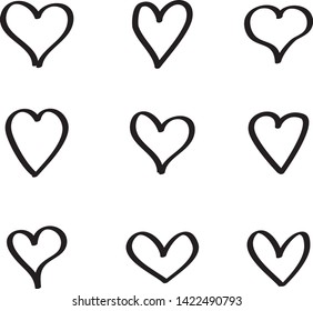 Outline heart icons. Vector set isolated on white background. Modern collection of different black hearts contour for sticker, label, tattoo art, love logo and Valentine's day. Vector illustration