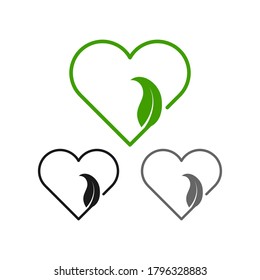 Contorno corazón con icono de conjunto de hojas aislado en blanco. Esbozo para diseño ecológico. Ilustración de material vectorial. EPS 10