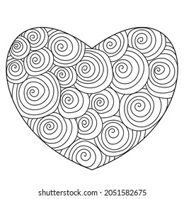 Outline heart with ornate spiral patterns coloring Valentine's day page vector illustration