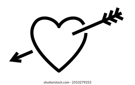 Outline heart pierced with an arrow and directional line. Editable stroke.