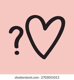 Outline Heart Question. Minimal vector illustration of heart outline with question mark on pink background. Simple romantic mystery symbol.