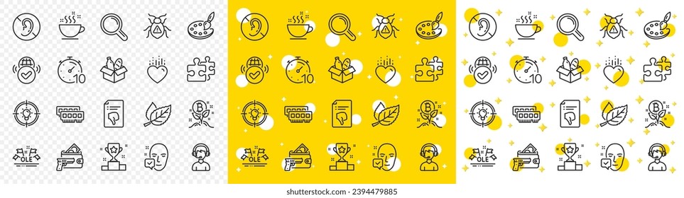 Outline Heart, Research and Armed robbery line icons pack for web with Coffee cup, Bitcoin project, Idea line icon. Timer, Ram, No hearing pictogram icon. Ole chant, Leaf, Consultant. Vector