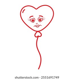 Outline Heart shaped balloon with smiley face on rope in trendy red. St Valentine Day design element