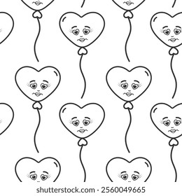 Outline Heart shaped balloons on rope with drawn smiley Black and white Seamless Pattern Background - Powered by Shutterstock - Get 15% off with code: PIKWIZARD15