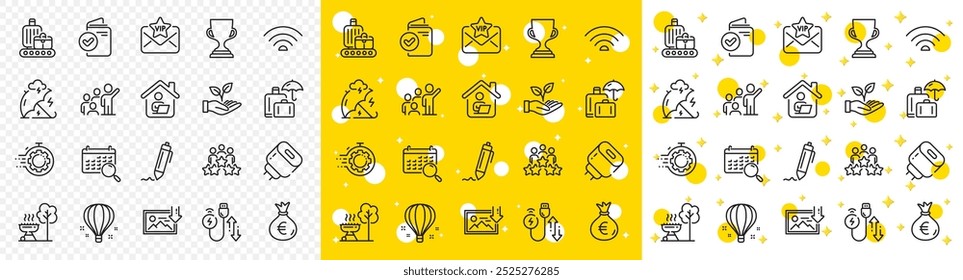 Outline Helping hand, Charging adapter and Signature line icons pack for web with Wifi, Seo timer, Work home line icon. Business meeting, Verification document, Download photo pictogram icon. Vector