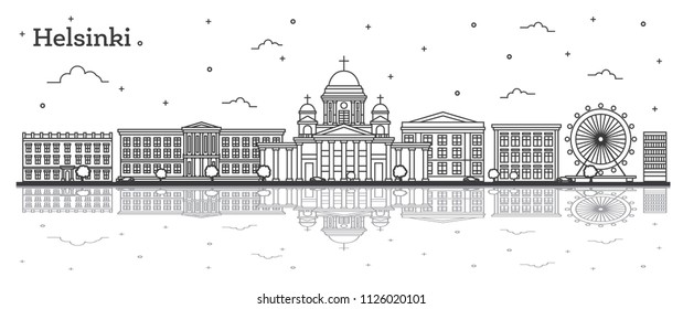 Outline Helsinki Finland City Skyline with Historic Buildings and Reflections Isolated on White. Vector Illustration. Helsinki Cityscape with Landmarks.