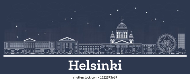 Outline Helsinki Finland City Skyline with White Buildings. Vector Illustration. Business Travel and Tourism Concept with Historic Architecture. Helsinki Cityscape with Landmarks.