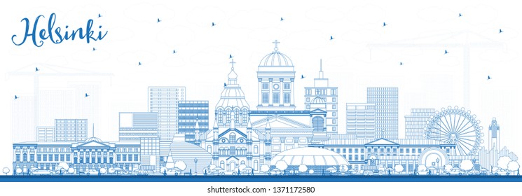 Outline Helsinki Finland City Skyline with Blue Buildings. Vector Illustration. Business Travel and Concept with Historic Architecture. Helsinki Cityscape with Landmarks. 