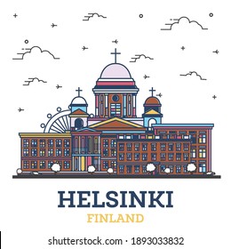 Outline Helsinki Finland City Skyline with Colored Historic Buildings Isolated on White. Vector Illustration. Helsinki Cityscape with Landmarks.