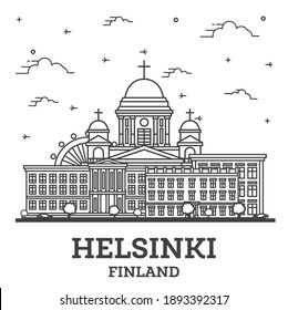 Outline Helsinki Finland City Skyline with Historic Buildings Isolated on White. Vector Illustration. Helsinki Cityscape with Landmarks.