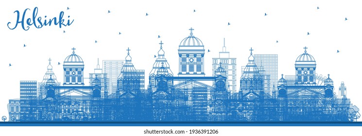 Outline Helsinki Finland City Skyline with Blue Buildings. Vector Illustration. Business Travel and Concept with Historic Architecture. Helsinki Cityscape with Landmarks. 