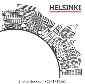 Outline Helsinki Finland City Skyline with Historic Buildings and copy space Isolated on White. Vector Illustration. Helsinki Cityscape with Landmarks.