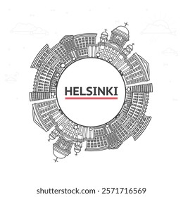 Outline Helsinki Finland City Skyline with Historic Buildings and copy space Isolated on White. Vector Illustration. Helsinki Cityscape with Landmarks.