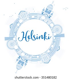 Outline Helsinki skyline with blue buildings and copy space. Business travel and tourism concept with place for text. Image for presentation, banner, placard and web site. Vector Illustration