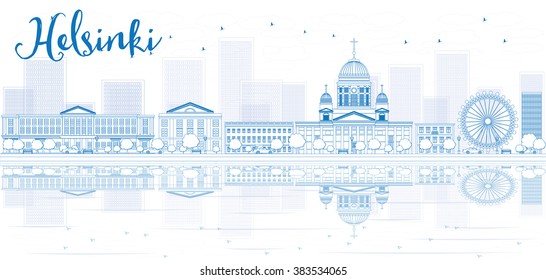 Outline Helsinki skyline with blue buildings and reflections. Vector illustration. Business travel and tourism concept with place for text. Image for presentation, banner, placard and web site.