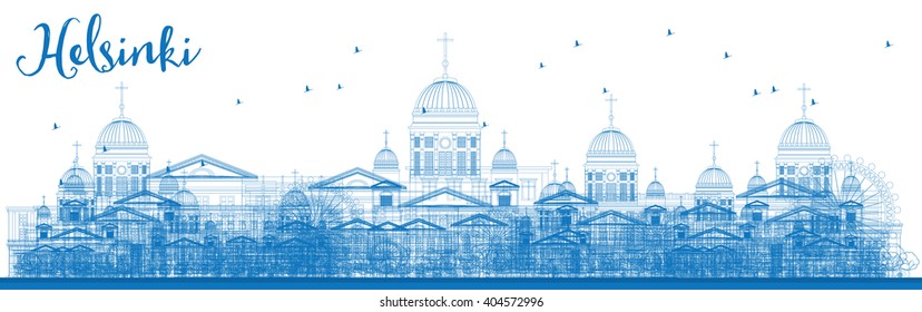 Outline Helsinki Skyline with Blue Buildings. Vector Illustration. Business travel and tourism concept with historic buildings. Image for presentation, banner, placard and web site.