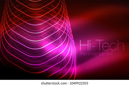Outline hexagons, glowing geometric shapes, digital techno abstract background, vector illustration