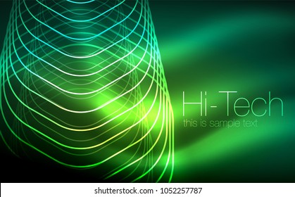Outline hexagons, glowing geometric shapes, digital techno abstract background, vector illustration