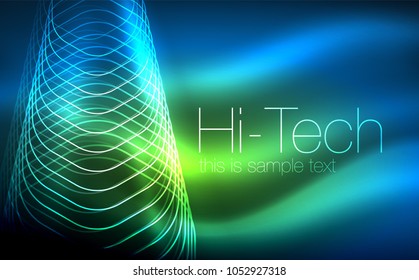 Outline hexagons, glowing geometric shapes, digital techno abstract background, vector illustration