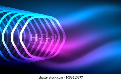 Outline hexagons, glowing geometric shapes, digital techno abstract background, vector illustration