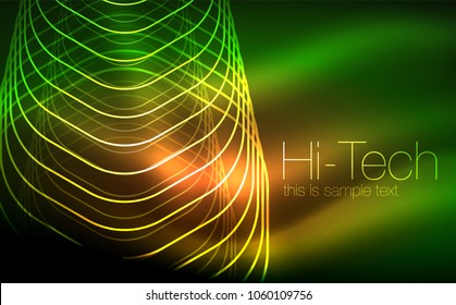 Outline hexagons, glowing geometric shapes, digital techno abstract background, vector illustration